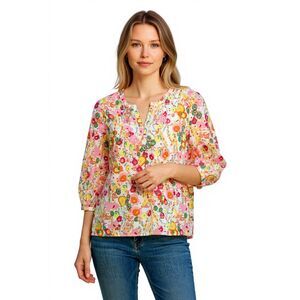 Talbots Pintuck Popover Abstract Floral Top Blouse Women XL Pink 3/4 Sleeve Boho